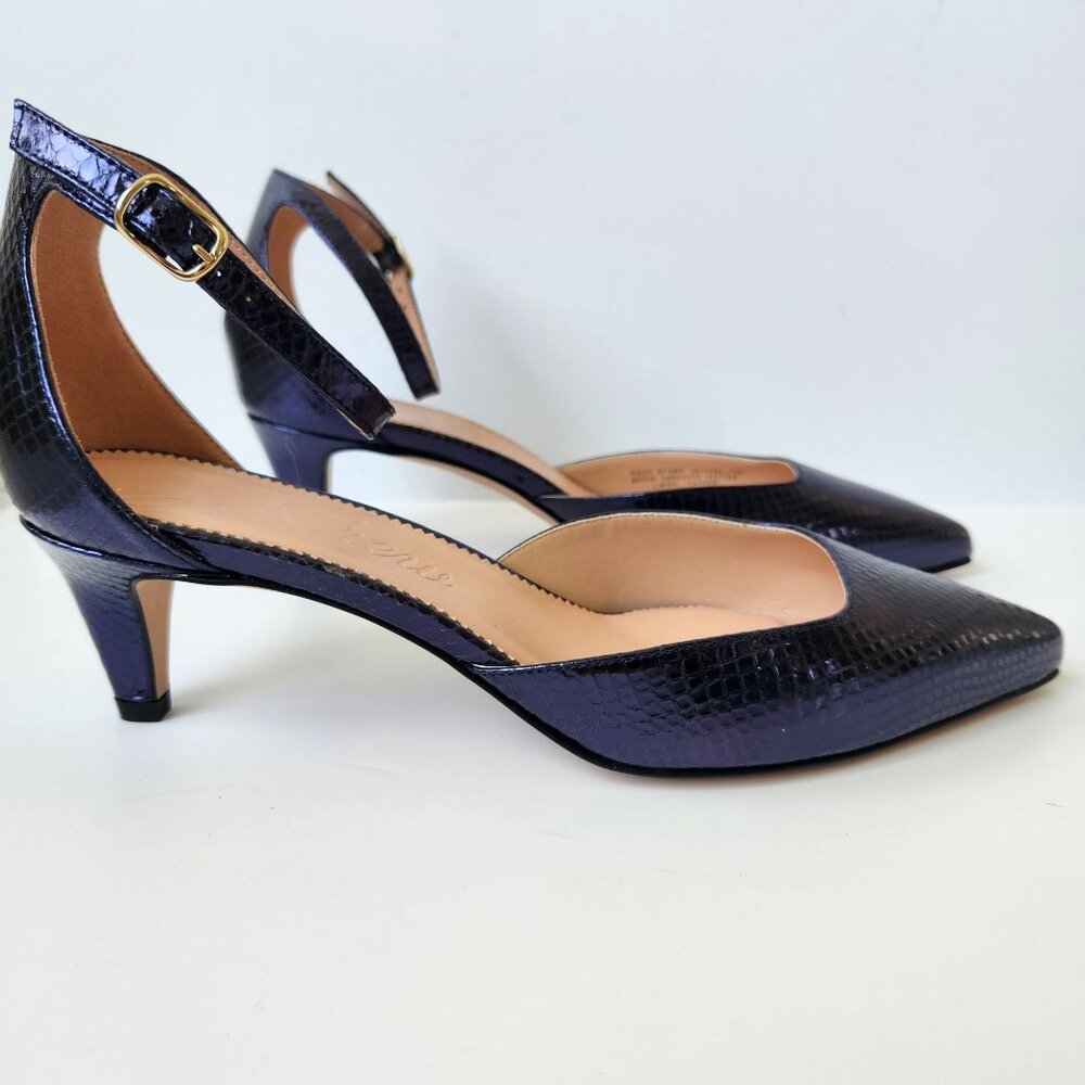 J Crew Collection Pointed-Toe Kitten Heels Metallic Navy Snake Ankle Strap 8.5